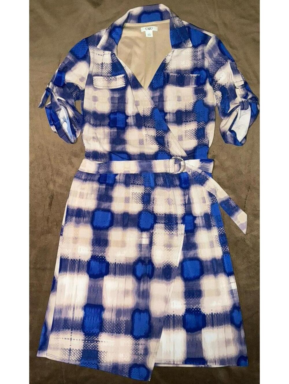 Cato Woman Dress Sz S Blue Tan Plaid Faux Wrap Dress Roll Tab Sleeve
